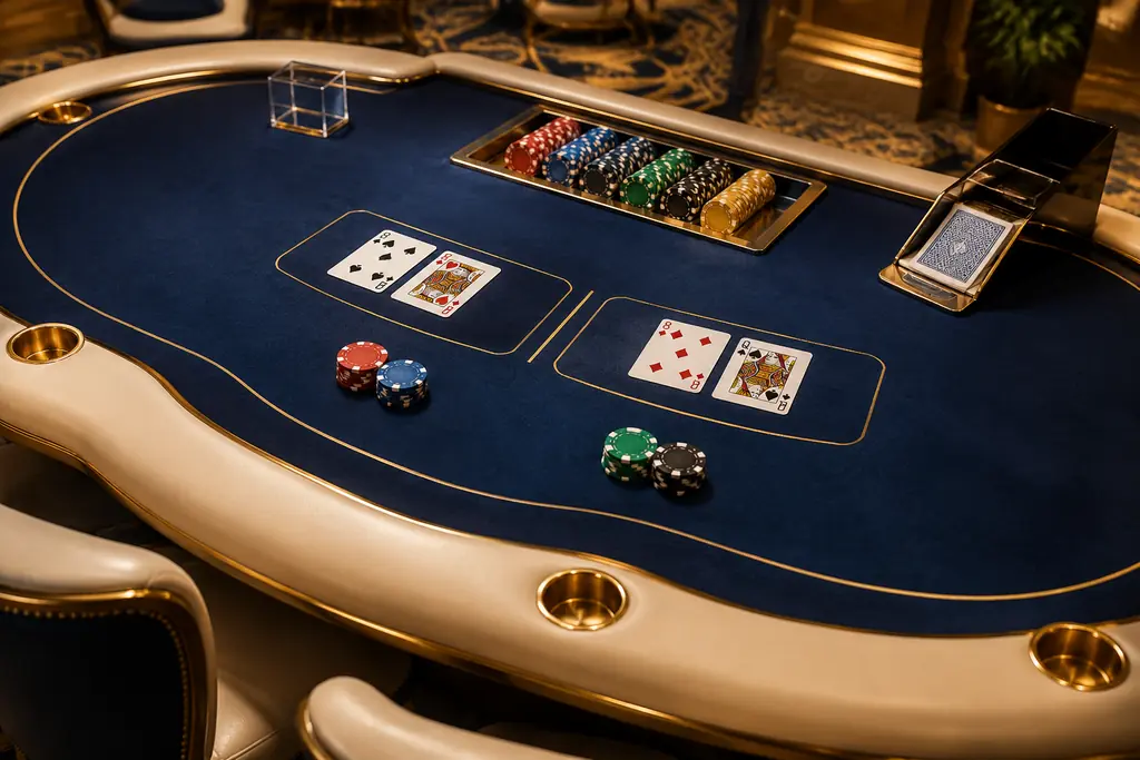 Meja baccarat dengan kartu terbuka dan chip