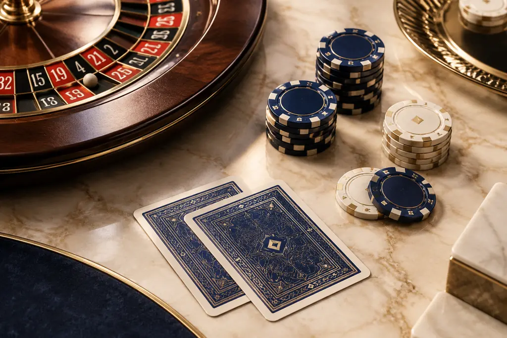 Komposisi meja kasino dengan kartu, chip dan roda roulette