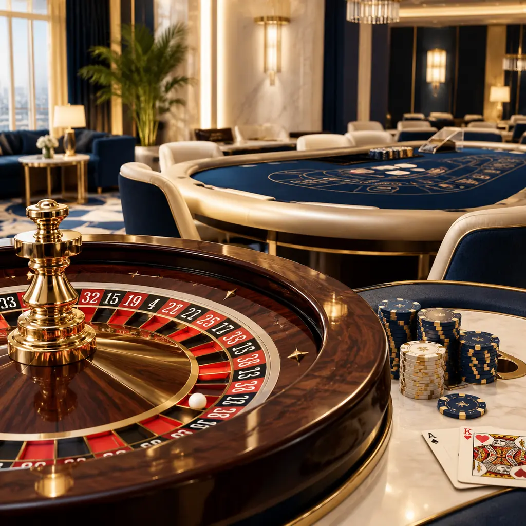 Ruang kasino dengan meja roulette dan baccarat dalam cahaya hangat