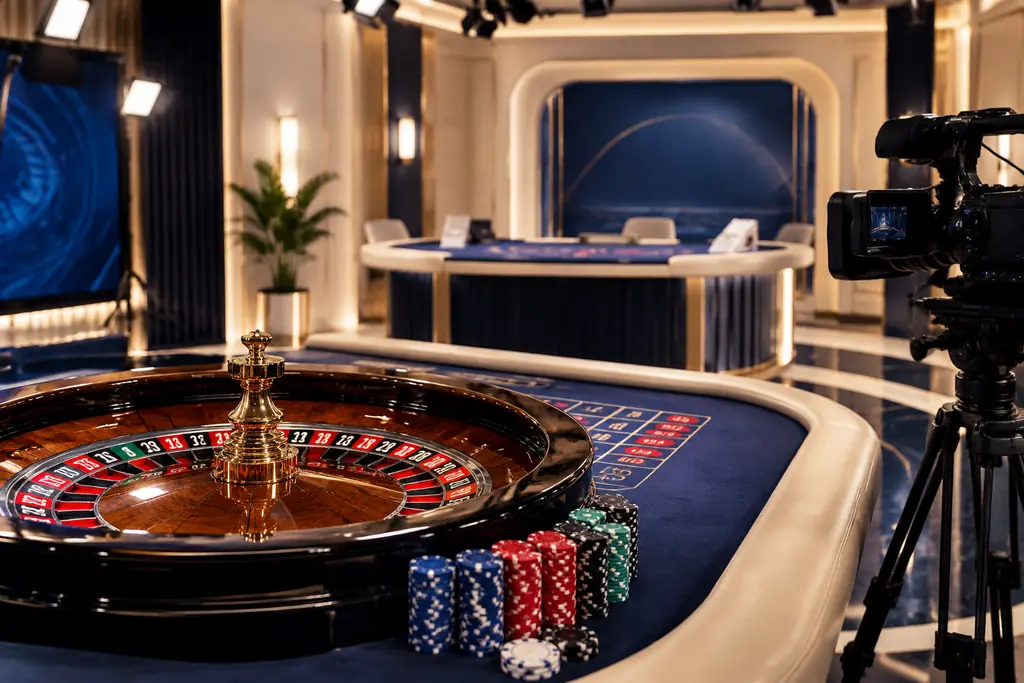 Meja roulette dan kamera dalam studio kasino