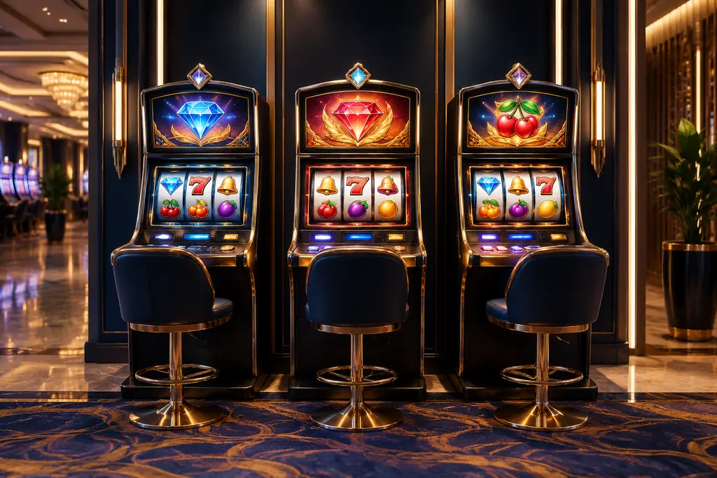 Mesin slot di ruang kasino dengan pencahayaan hangat